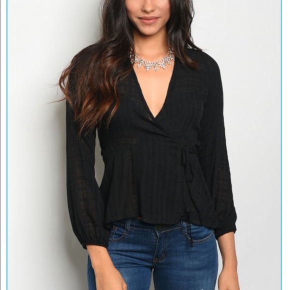 Waist Tie Black Wrap Blouse - Picture 2 of 5